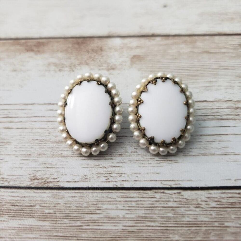 Vintage Clip On Earrings - White Oval with Faux Pearl Halo